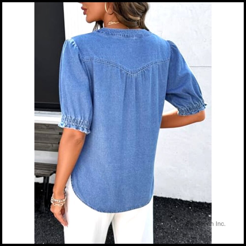 Denim Shirt Button Down Casual Short Sleeve V Neck Blouse - Picture 2 of 7